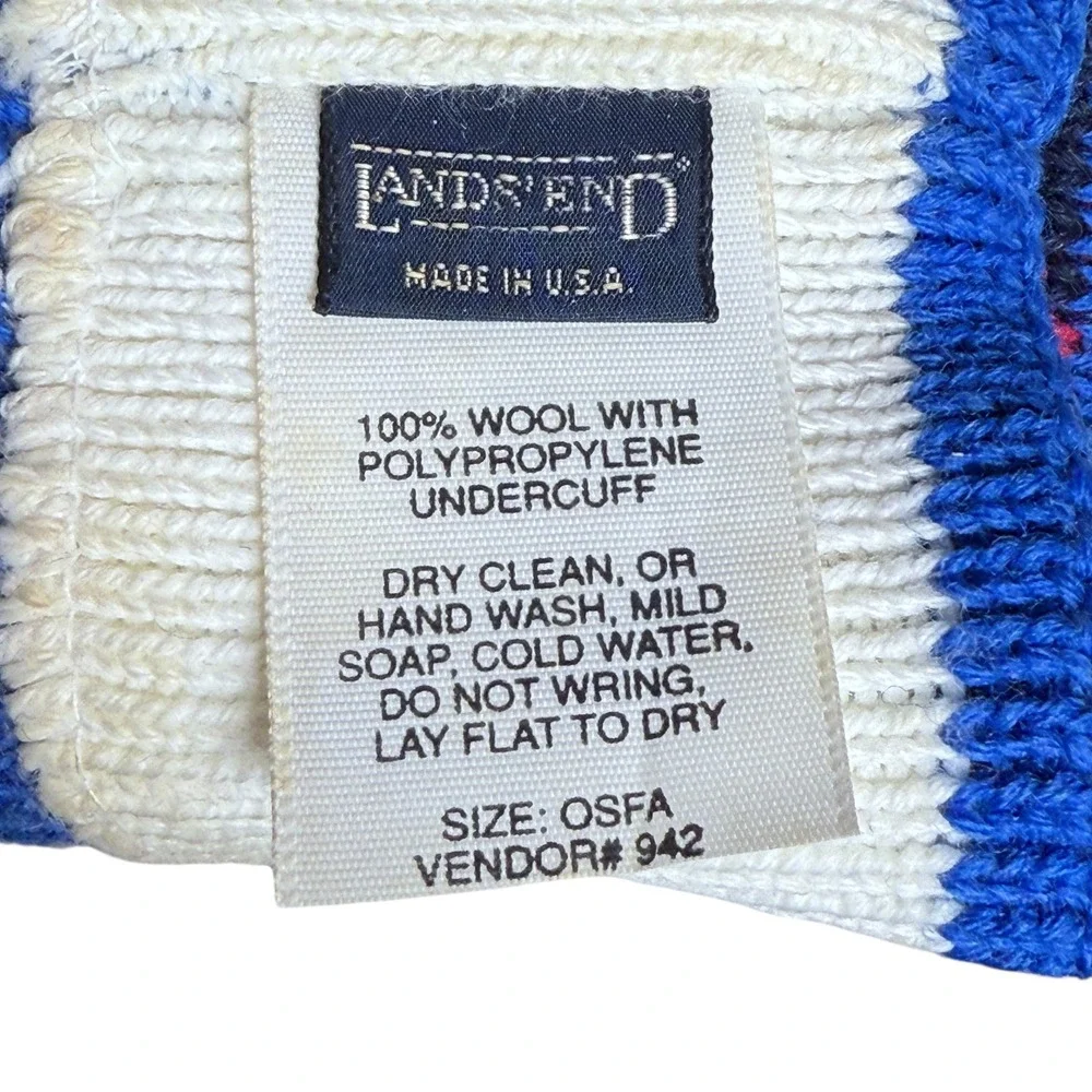 Vintage Lands End Wool‎ Beanie Headband Set Blue Red Geometric Pom Pom One Size